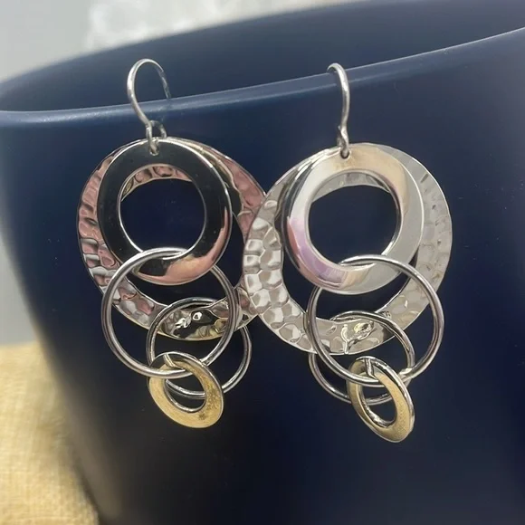 925 Sterling Silver Multi Circles Dangle Earrings Classic Look CII Mexico - Picture 6 of 9